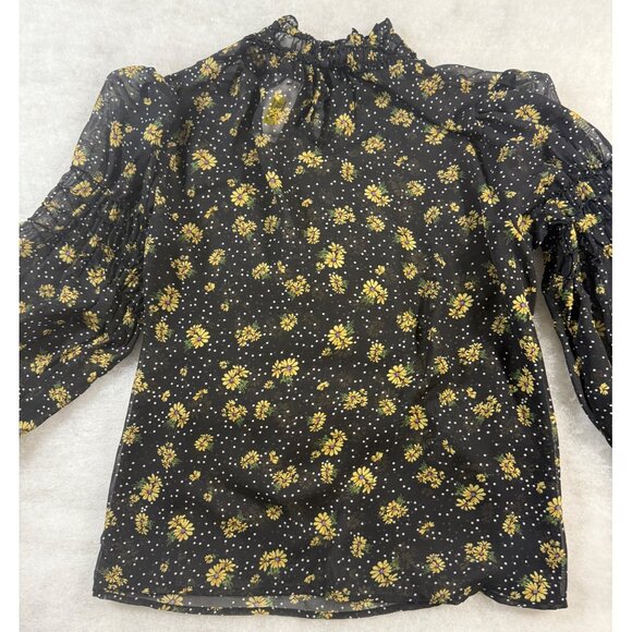 Sunflower Black Sheer S Blouse With Ruffled Neck & Long Sleeves Fairy Regency - Picture 2 of 10